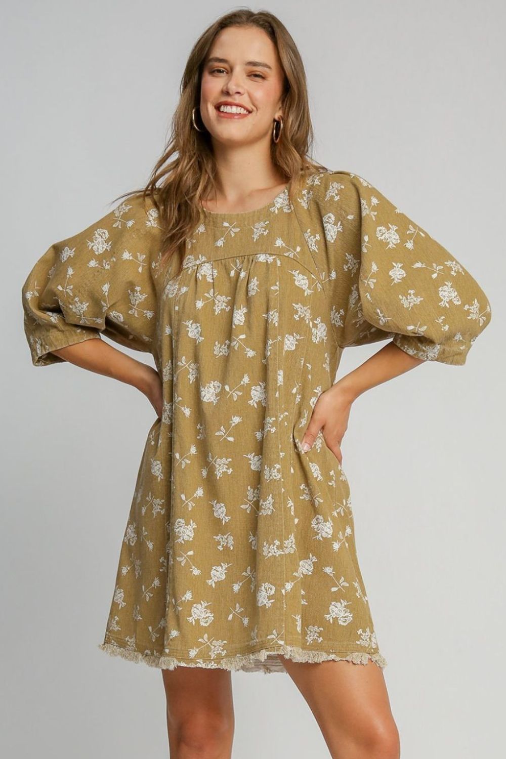Umgee Raw Hem Floral Print Round Neck Denim Dress - Classique Collection