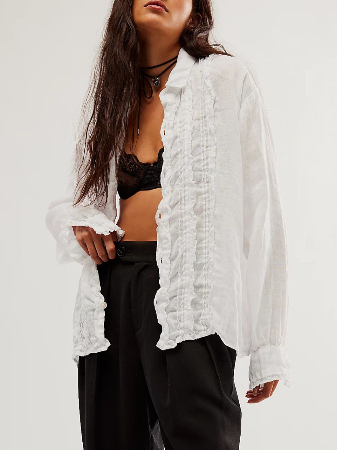 Frill Ruched Collared Neck Long Sleeve Shirt - Classique Collection