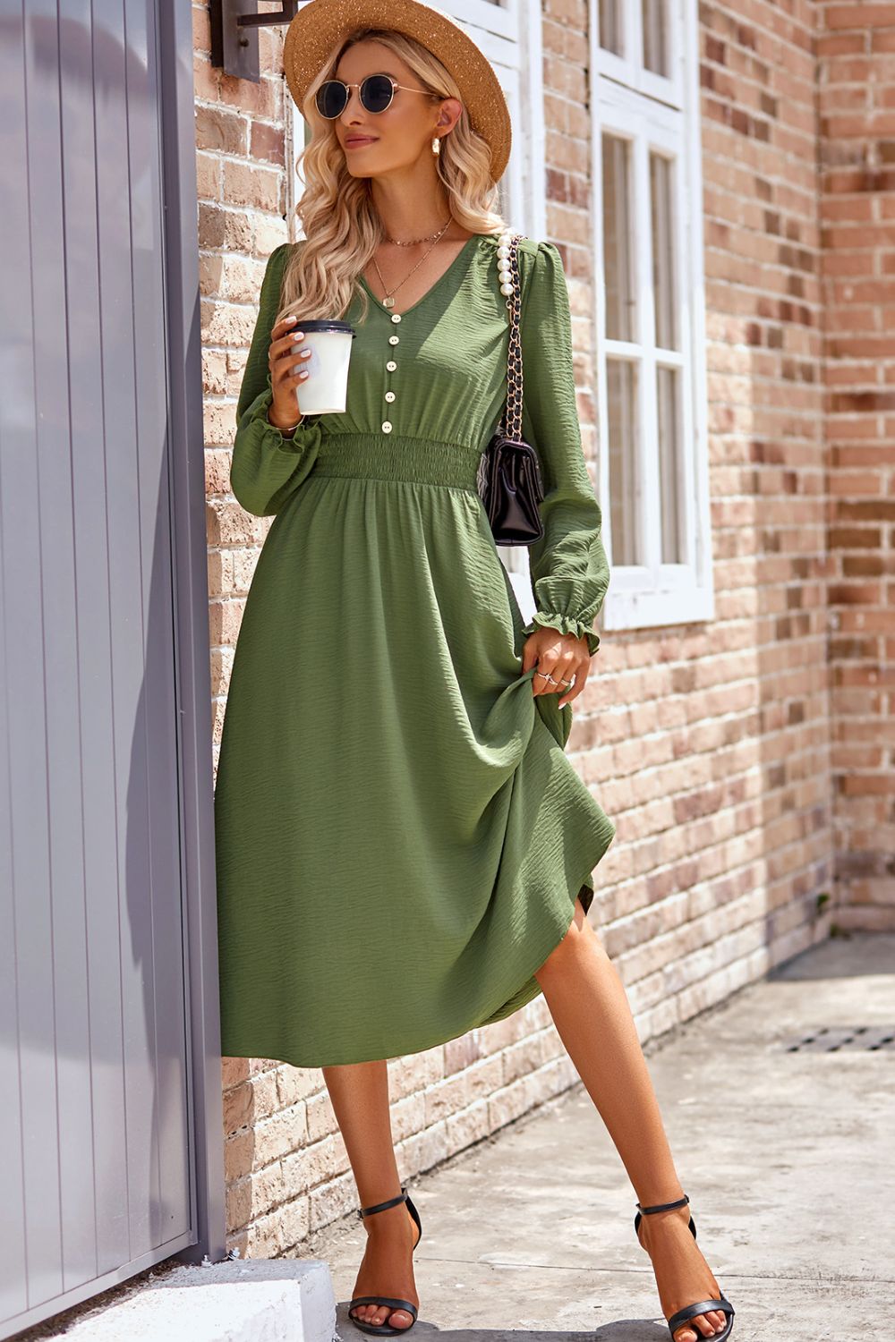 Smocked V-Neck Flounce Sleeve Midi Dress - Classique Collection