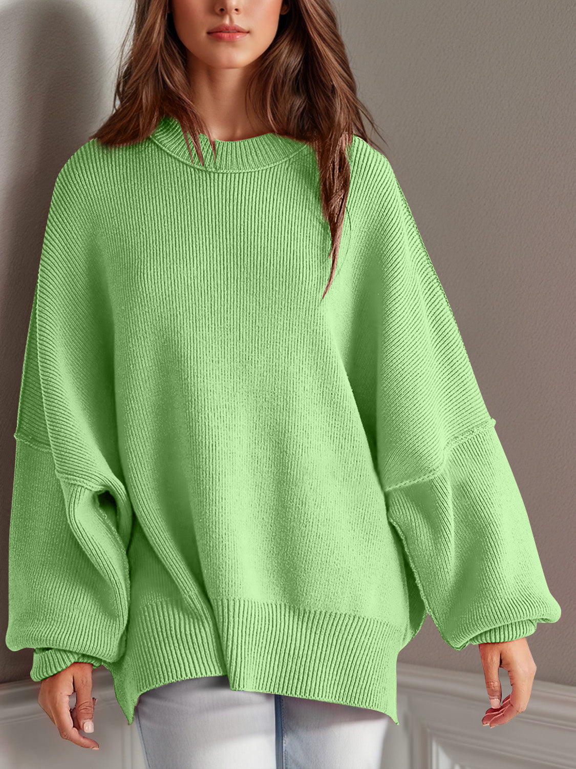 Double Take Side Slit Round Neck Long Sleeve Sweater - ClassiQ