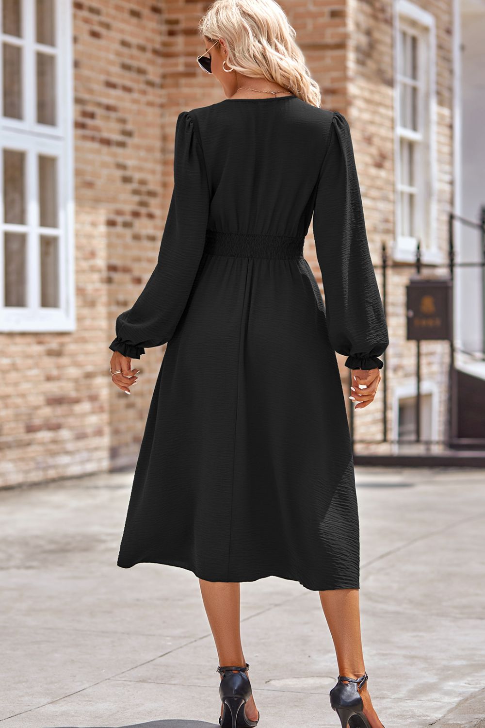 Smocked V-Neck Flounce Sleeve Midi Dress - Classique Collection