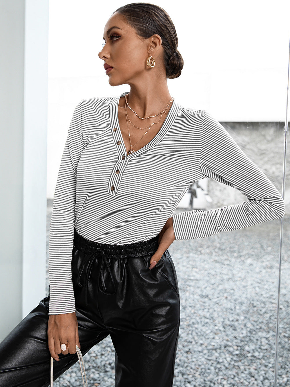 Ivy Lane Striped Buttoned V-Neck Long Sleeve Top - ClassiQ