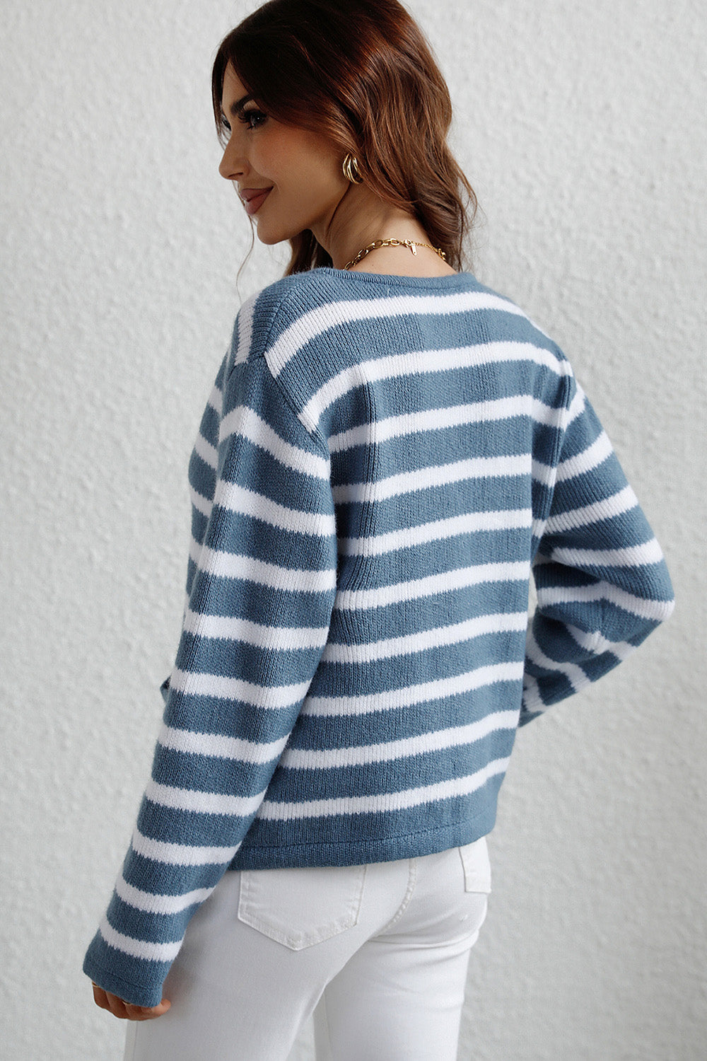 Striped Button Down Long Sleeve Cardigan - ClassiQ