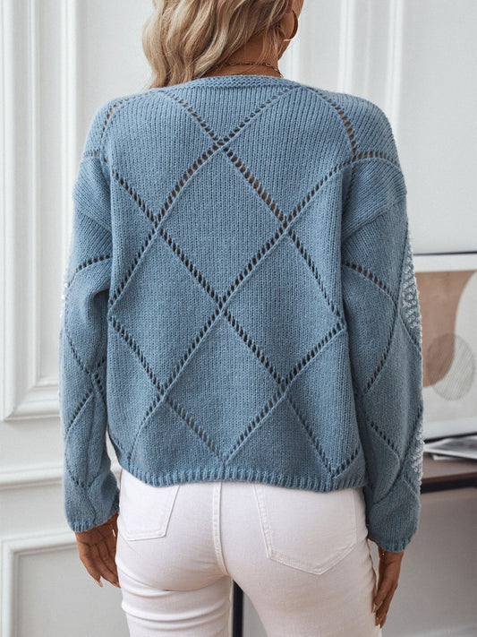 Openwork Round Neck Long Sleeve Knit Top - ClassiQ