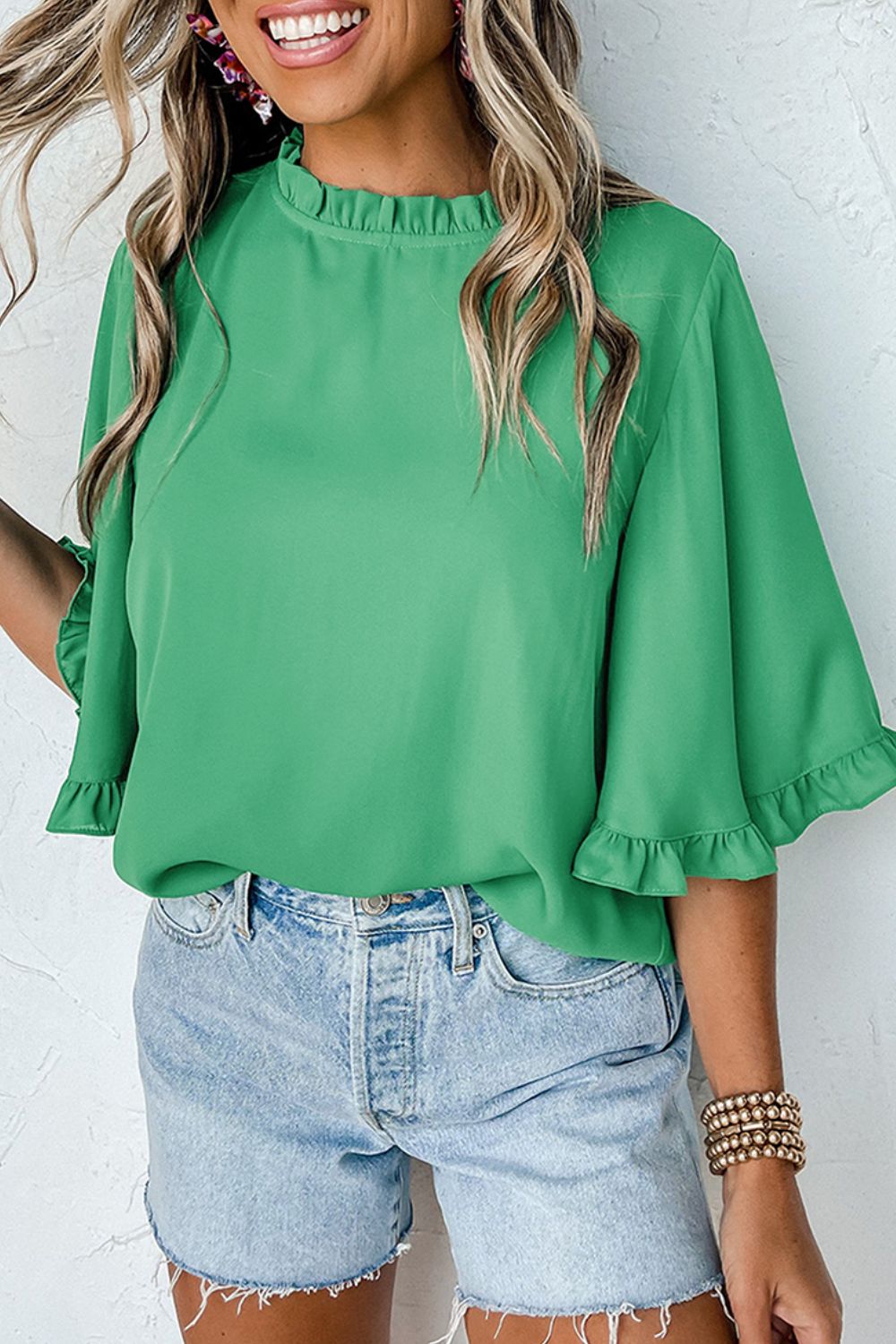 Frill Round Neck Wide Half Sleeve Blouse - Classique Collection