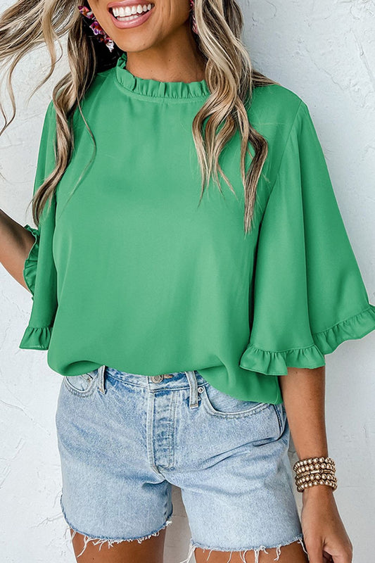 Frill Round Neck Wide Half Sleeve Blouse - Classique Collection