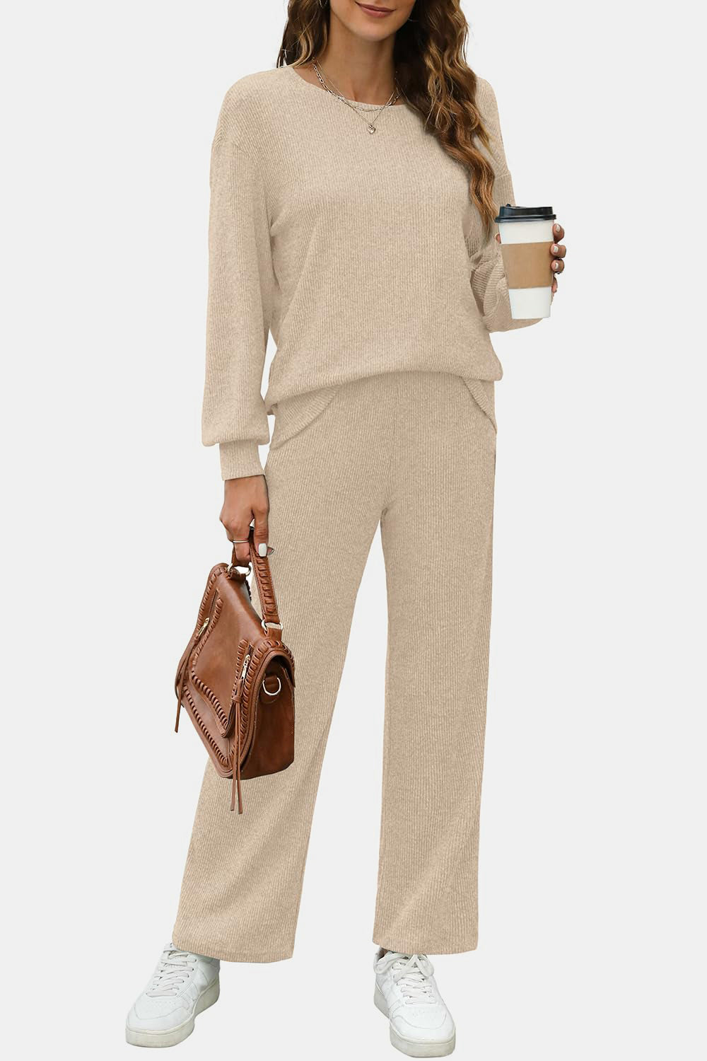Round Neck Long Sleeve Top and Pants Set - ClassiQ