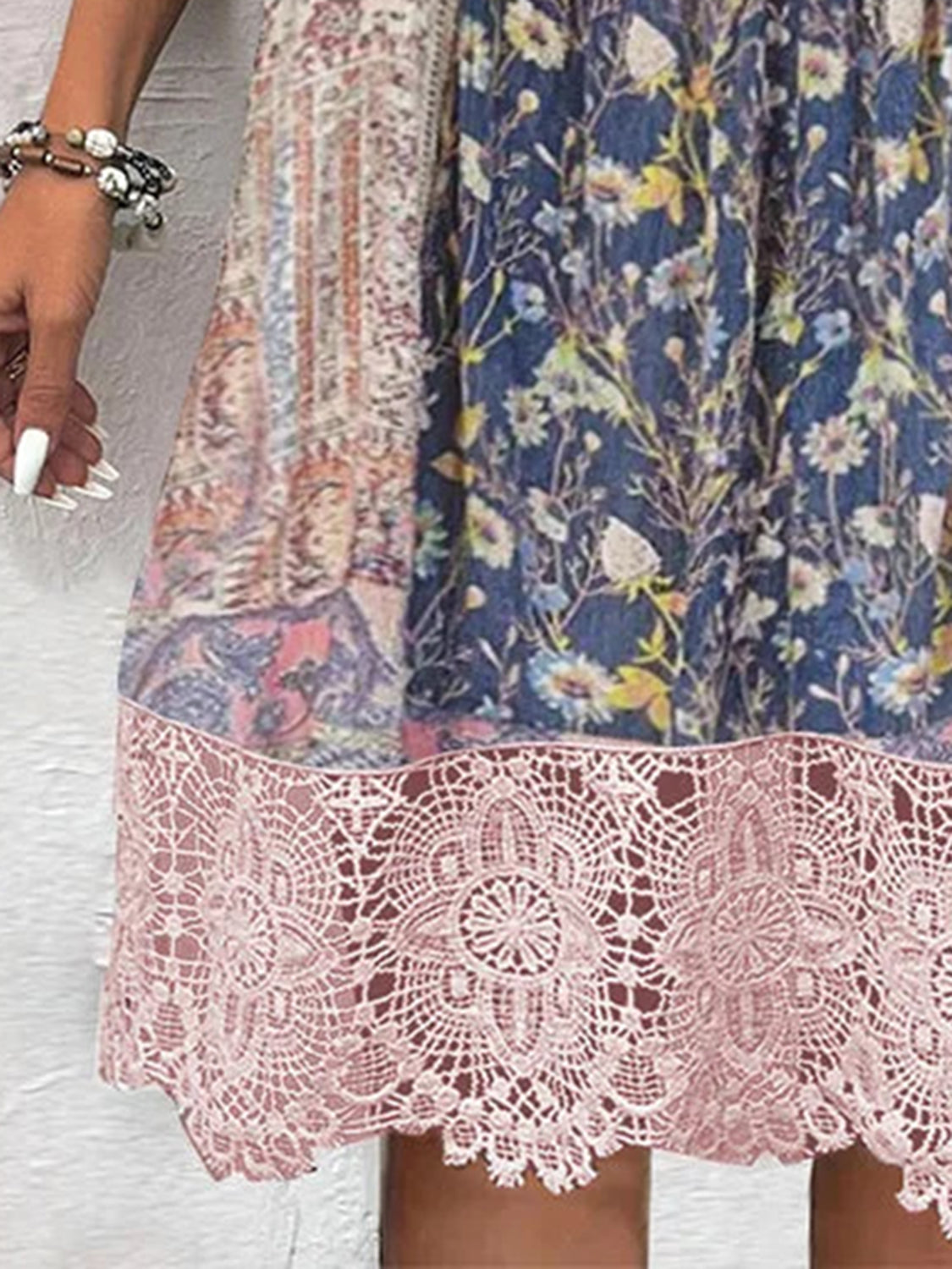 Full Size Lace Detail Printed Three-Quarter Sleeve Dress - Classique Collection