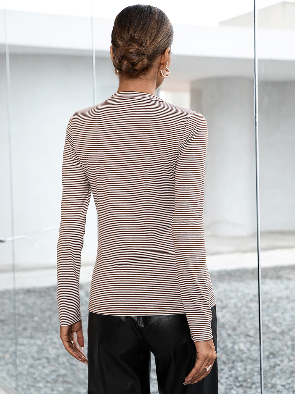 Ivy Lane Striped Buttoned V-Neck Long Sleeve Top - ClassiQ