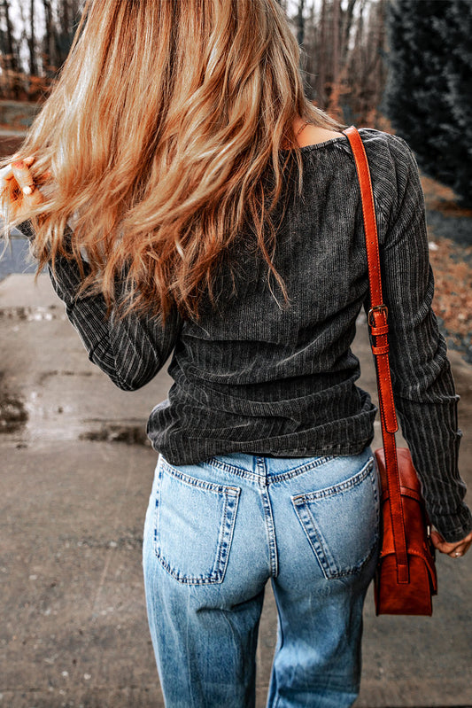 Ribbed Buttoned V-Neck Long Sleeve Top - ClassiQ