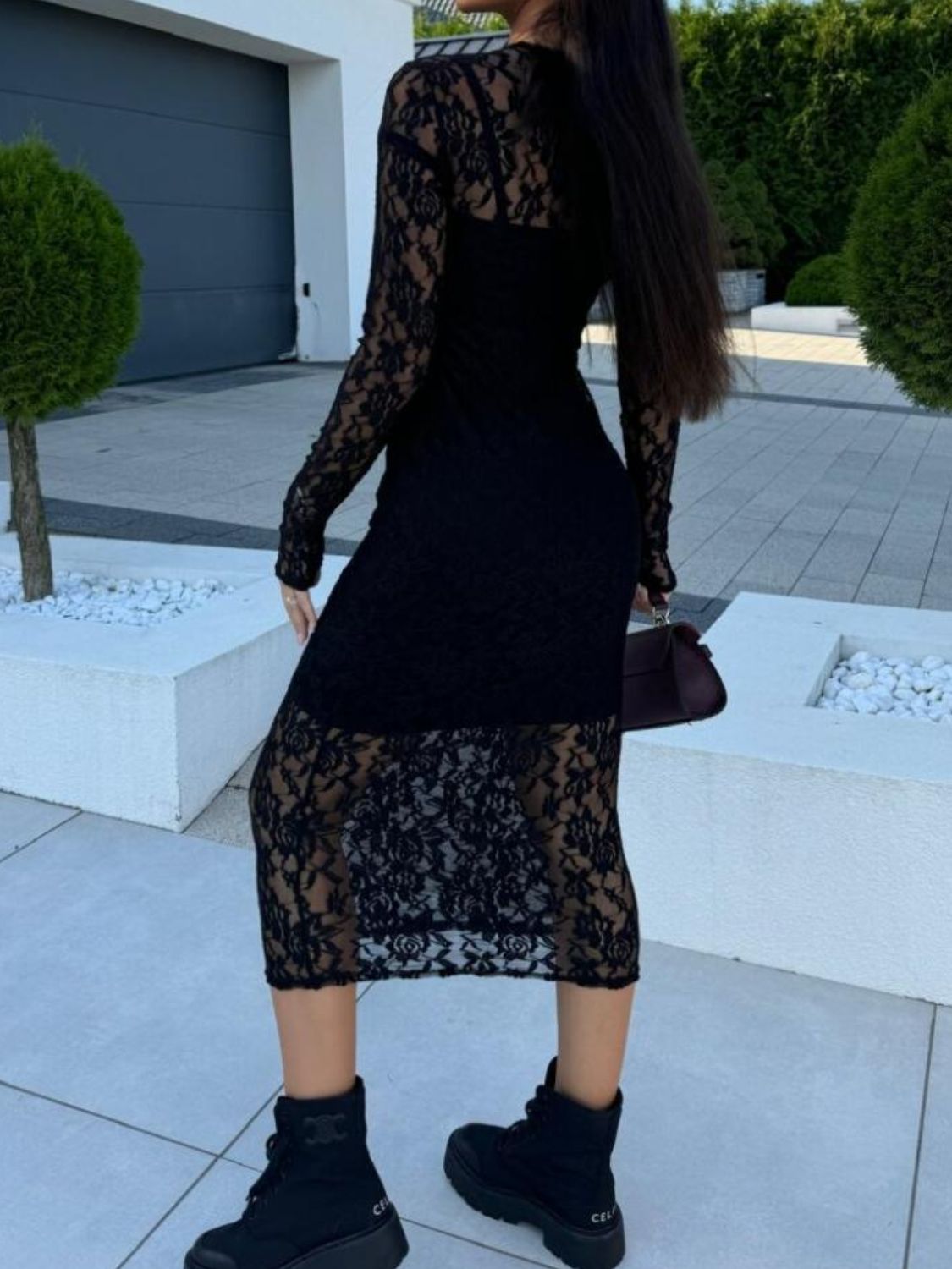 Lace Round Neck Long Sleeve Midi Dress - Classique Collection