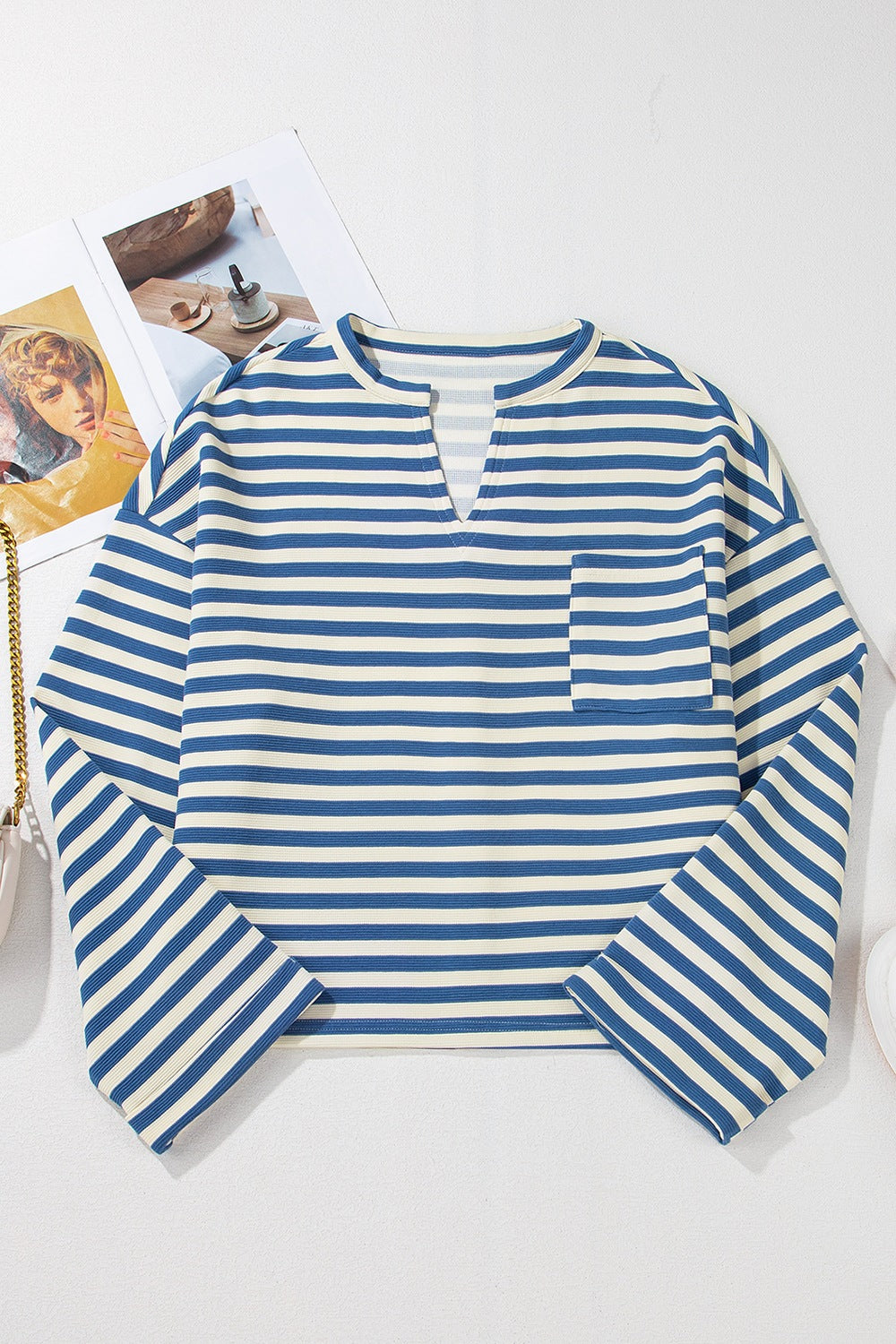 Stripe Chest Pocket Notched Top - Classique Collection