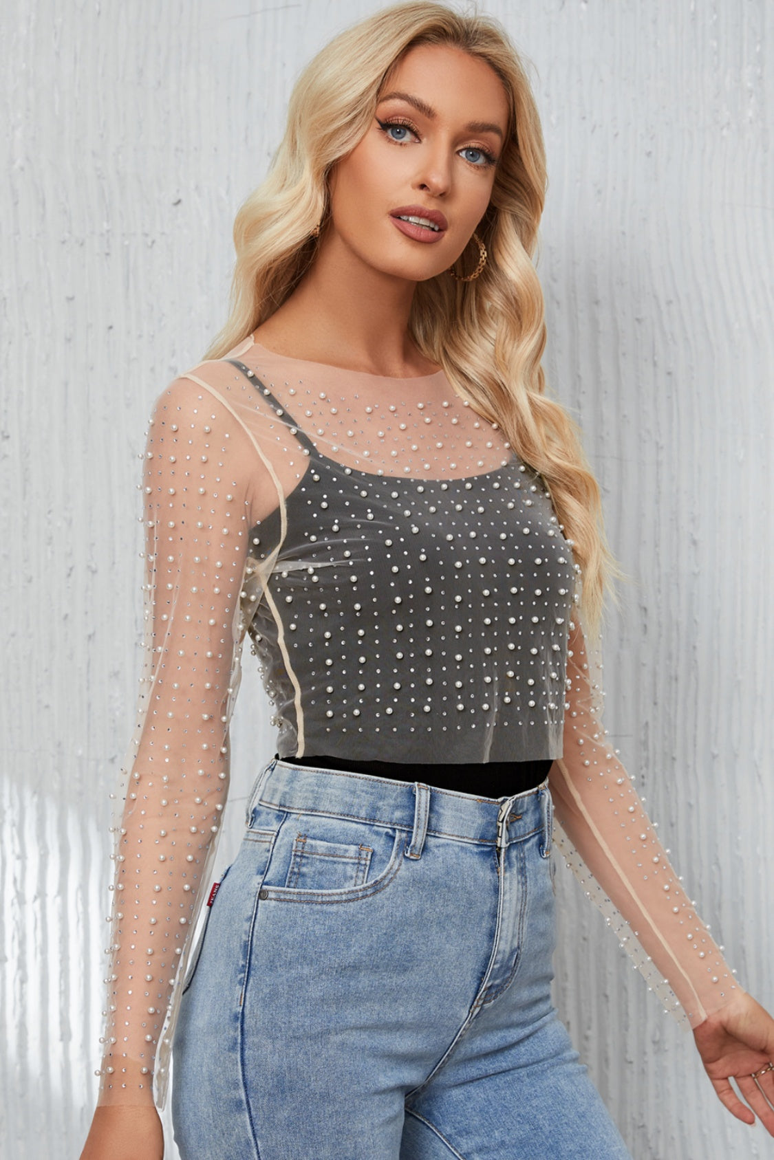 Pearl Long Sleeve Mesh Cropped Top - Classique Collection