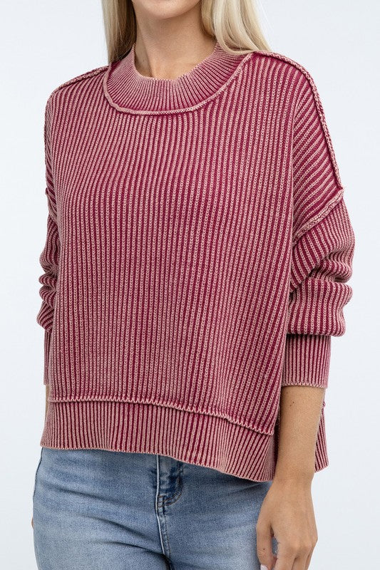 Washed Side Slit Oversized Cropped Sweater - Classique Collection