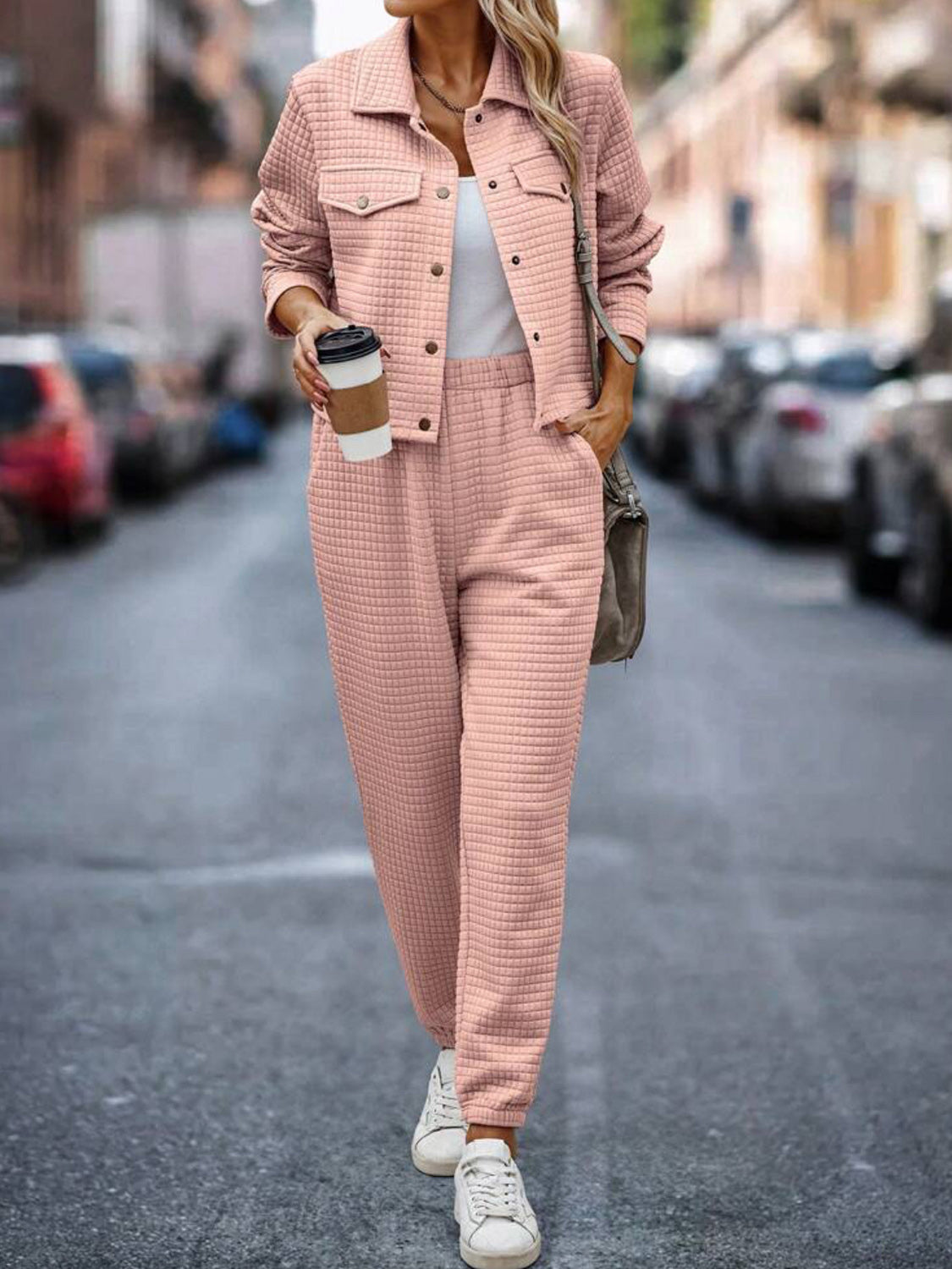 Plaid Texture Snap Down Top and Pants Set - ClassiQ