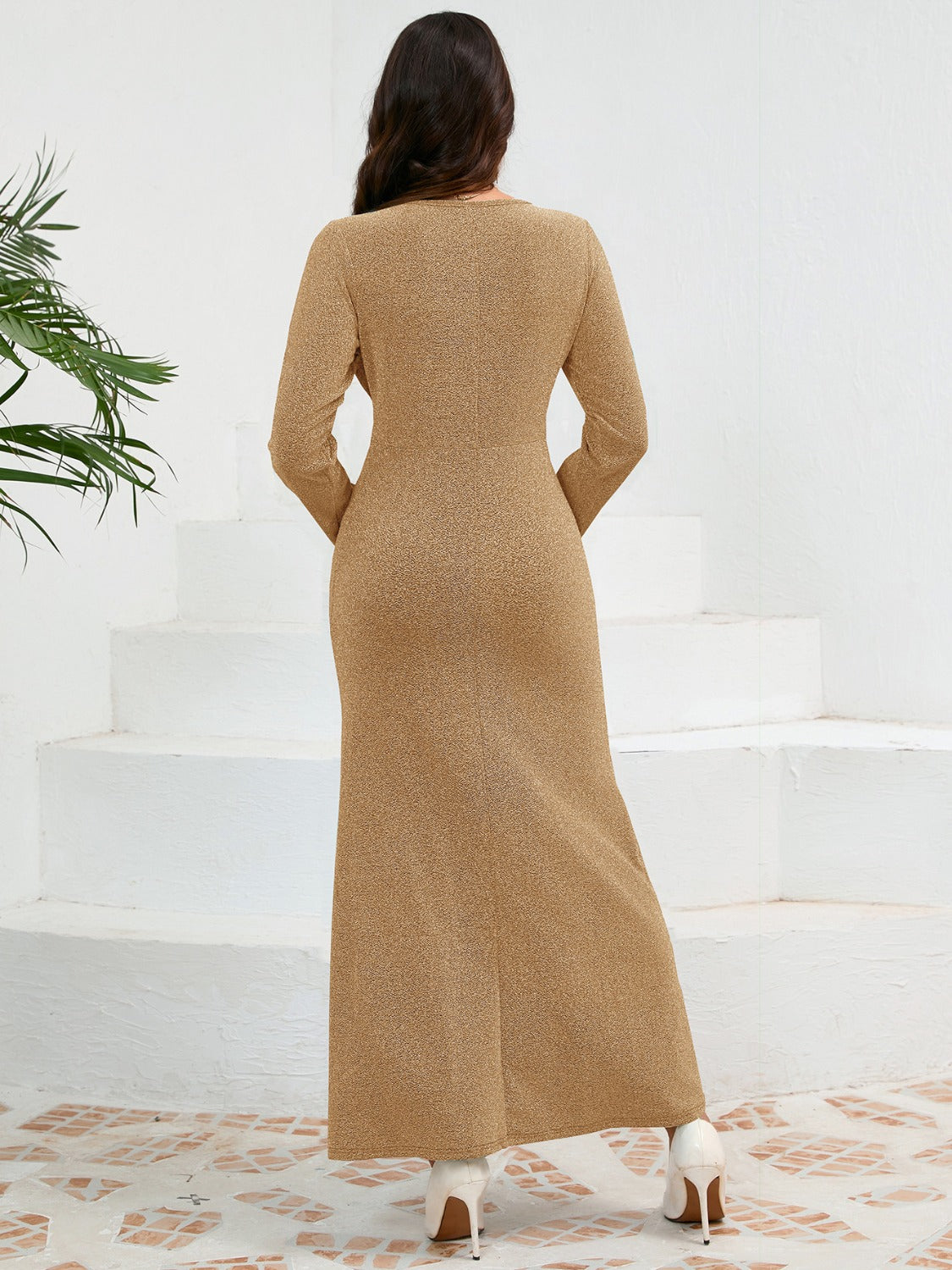 Ruched Round Neck Long Sleeve Dress - Classique Collection