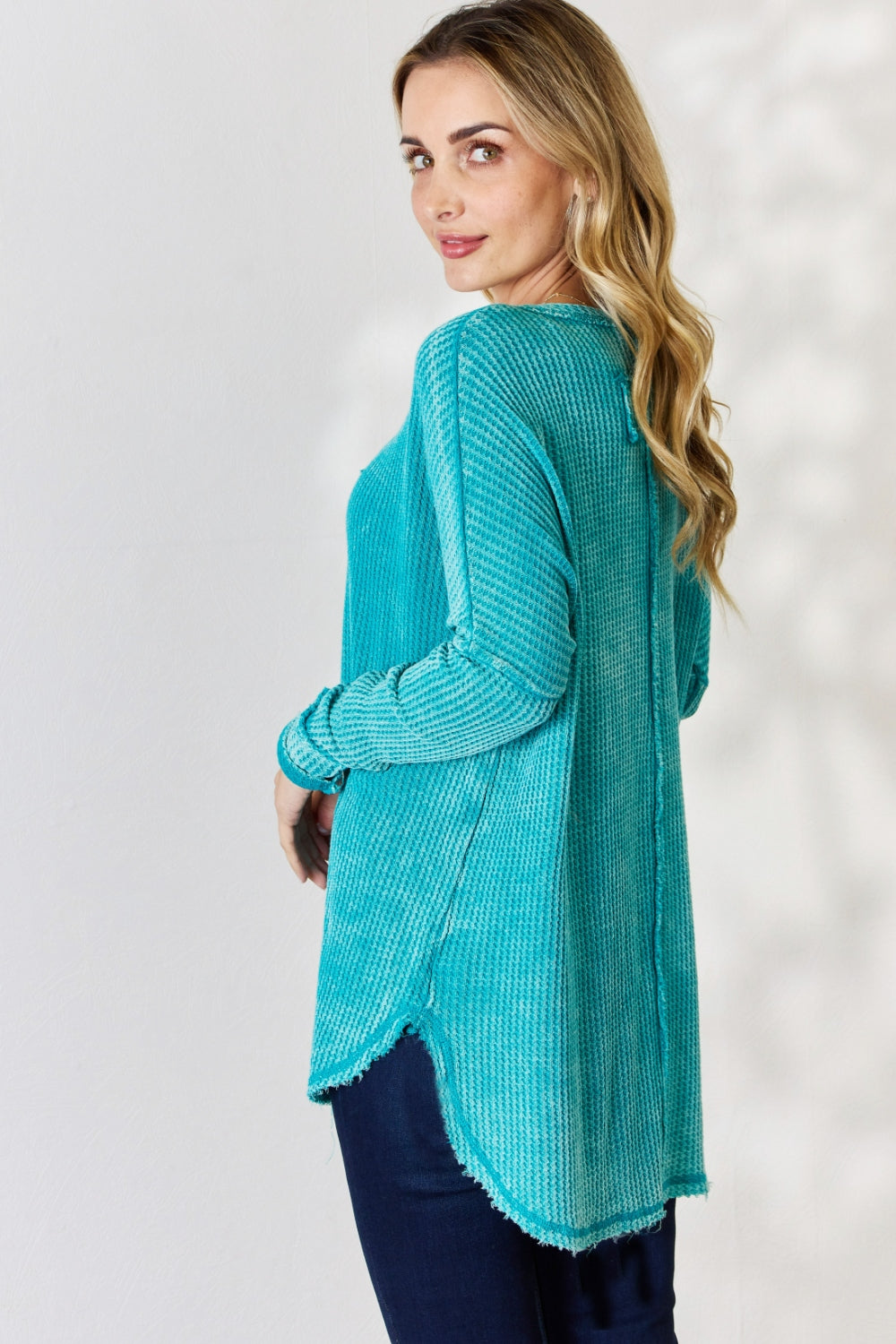 Zenana Oversized Washed Waffle Long Sleeve Top - Classique Collection