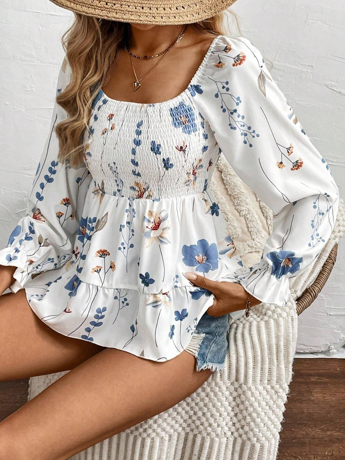 Smocked Floral Scoop Neck Flounce Sleeve Blouse - Classique Collection