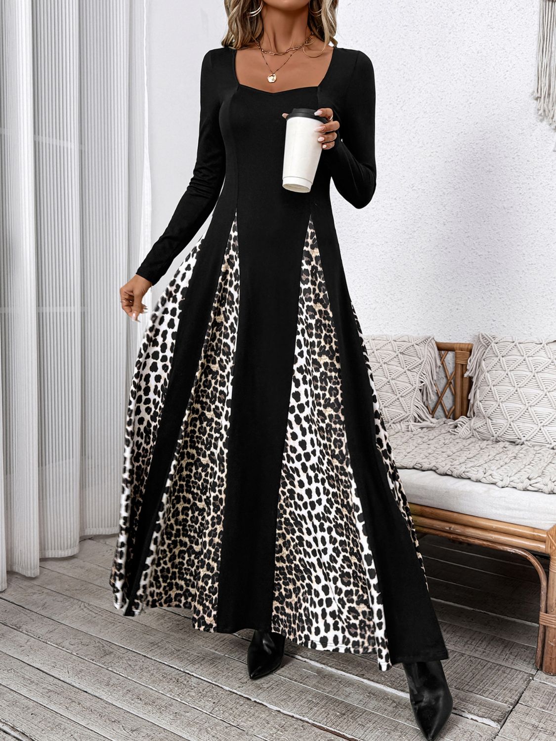 Perfee Leopard Square Neck Long Sleeve Maxi Dress - Classique Collection