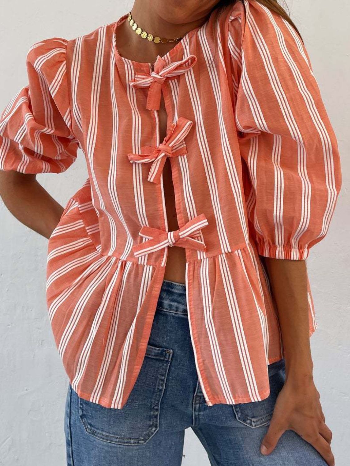 Tied Round Neck Balloon Sleeve Shirt - Classique Collection