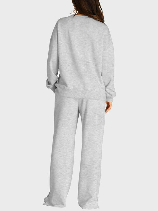 Round Neck Long Sleeve Top and Slit Pants Set - ClassiQ