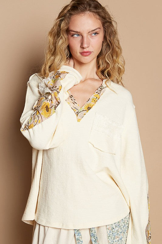 POL Lace Detail Flower Printed V-Neck Knit Top - Classique Collection