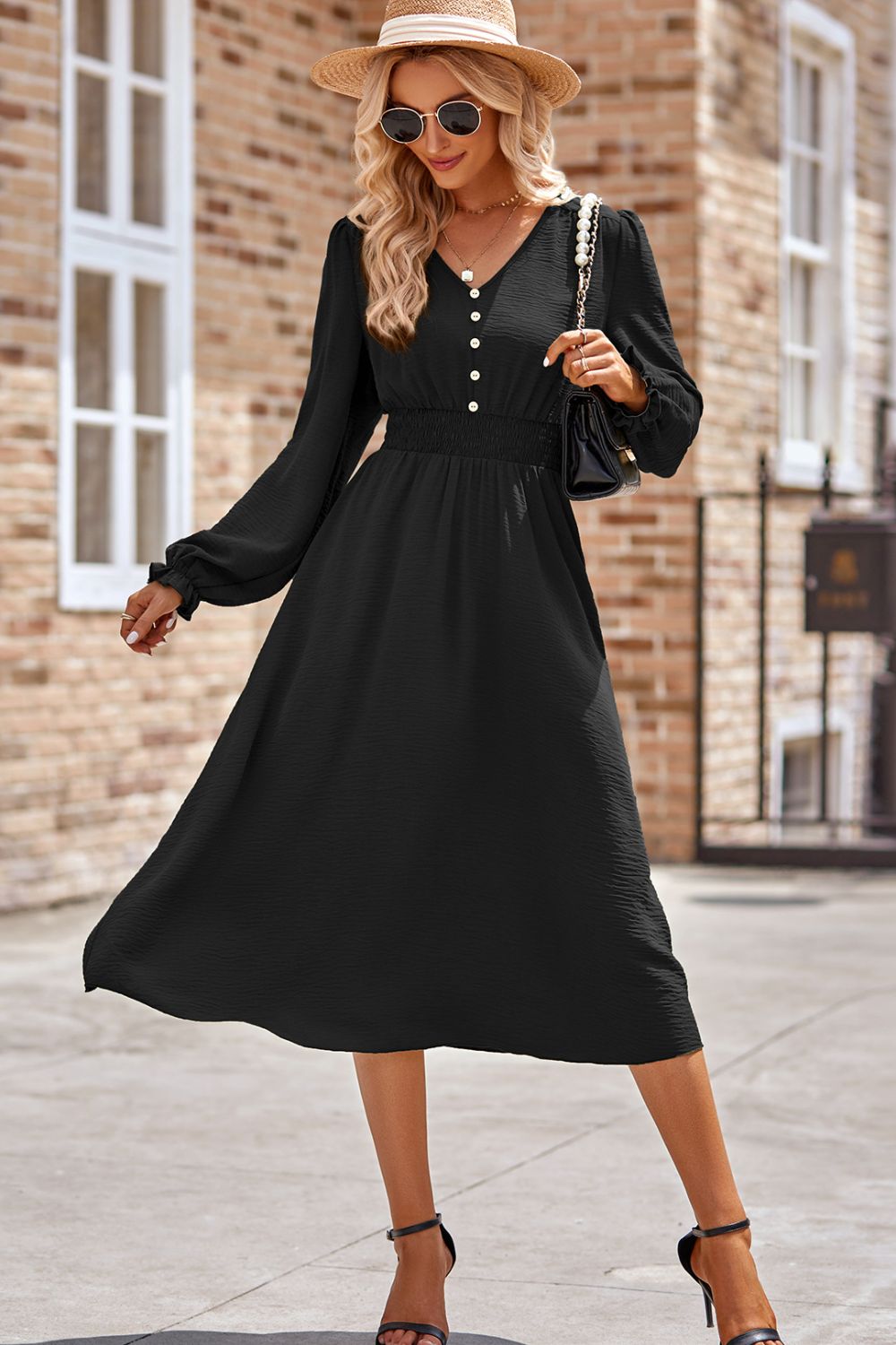 Smocked V-Neck Flounce Sleeve Midi Dress - Classique Collection