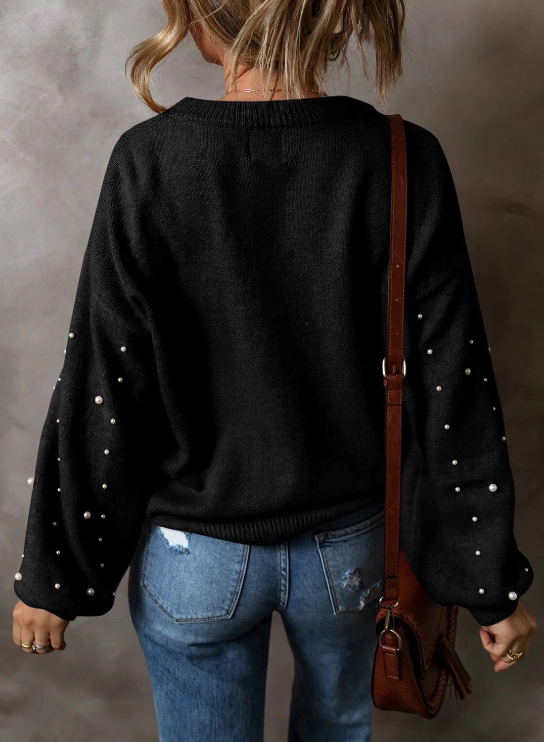 Pearl Detail Round Neck Long Sleeve Sweater - ClassiQ