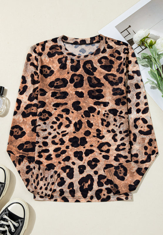 Leopard Round Neck Long Sleeve Blouse - Classique Collection