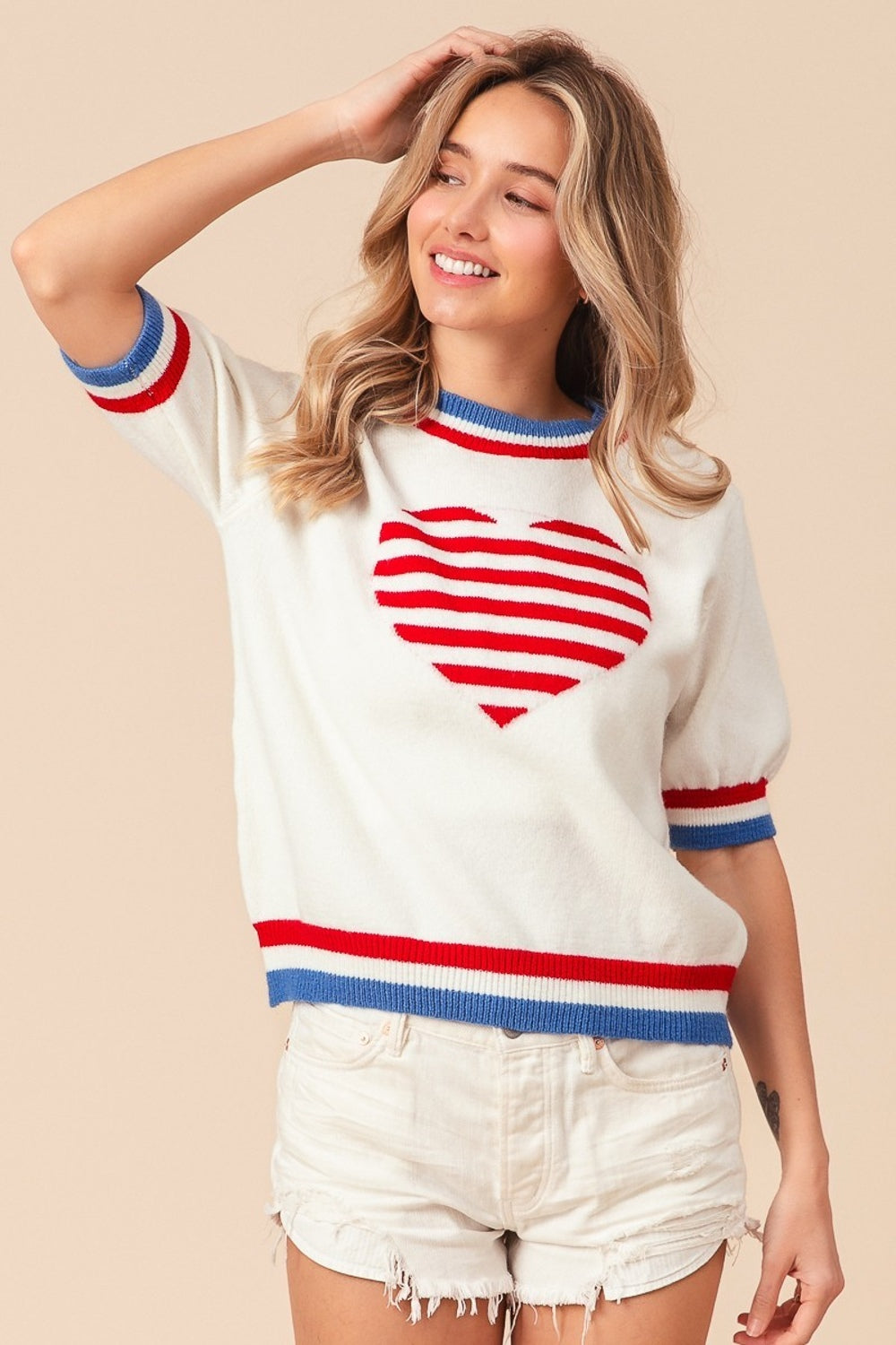 BiBi US Flag Theme Striped Heart Sweater - ClassiQ