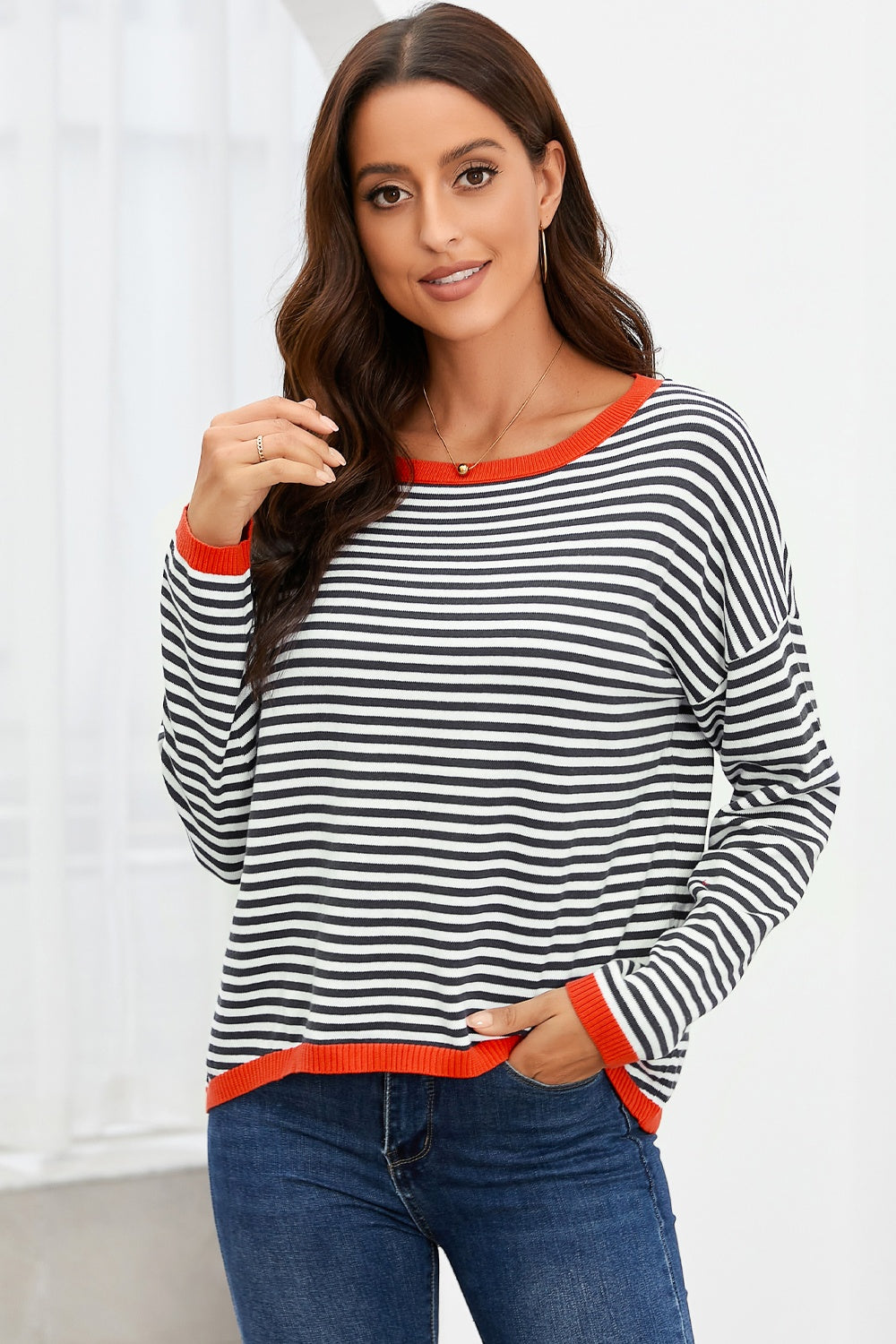 Striped Round Neck Drop Shoulder T-Shirt - ClassiQ