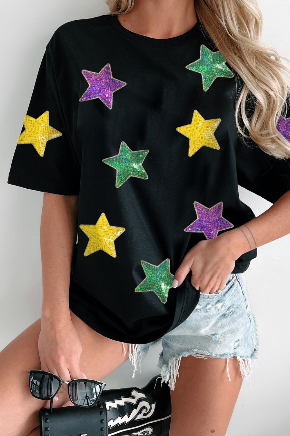 Sequin Stars Patched Round Neck T-Shirt - Classique Collection