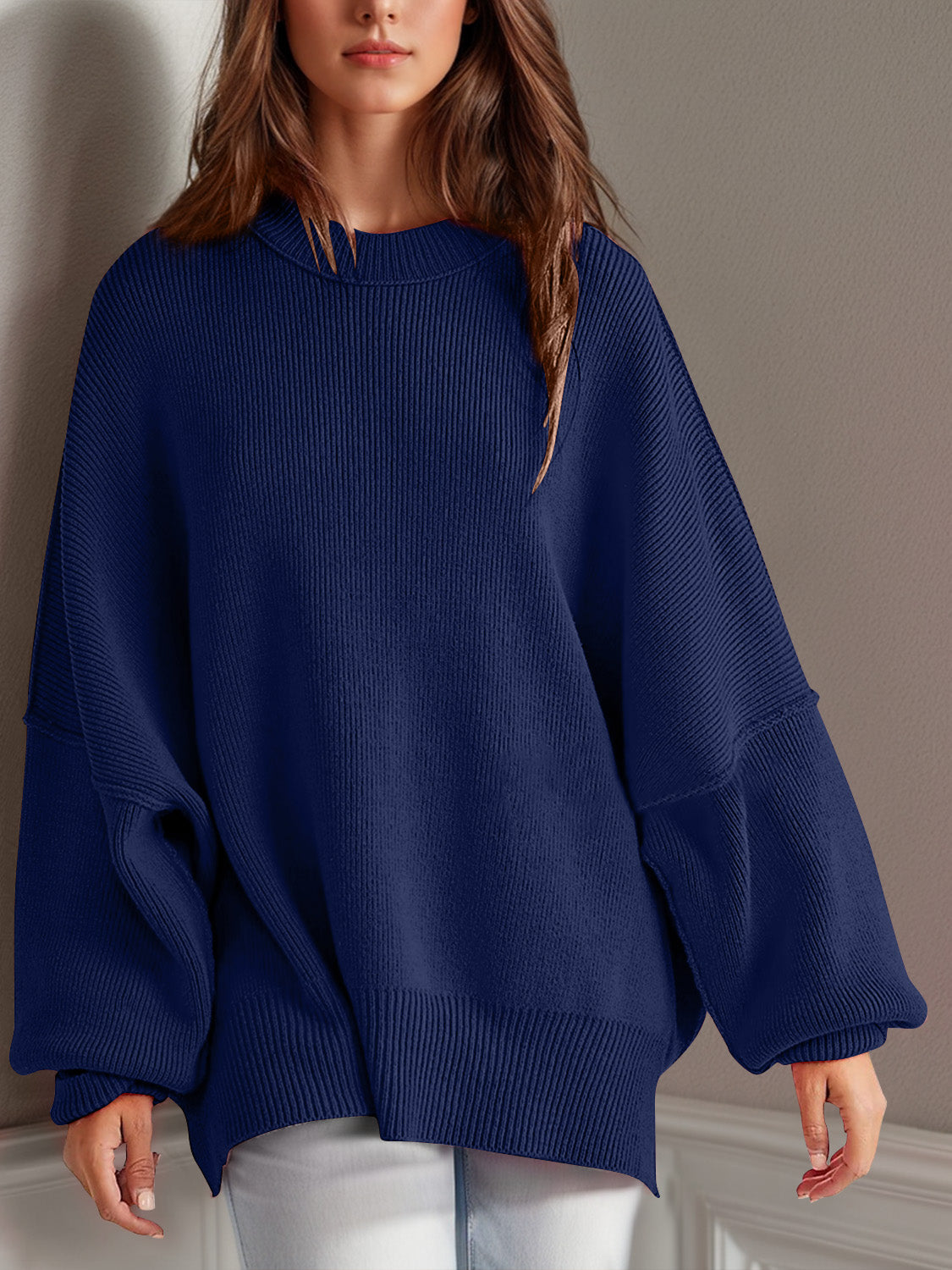 Double Take Side Slit Round Neck Long Sleeve Sweater - ClassiQ