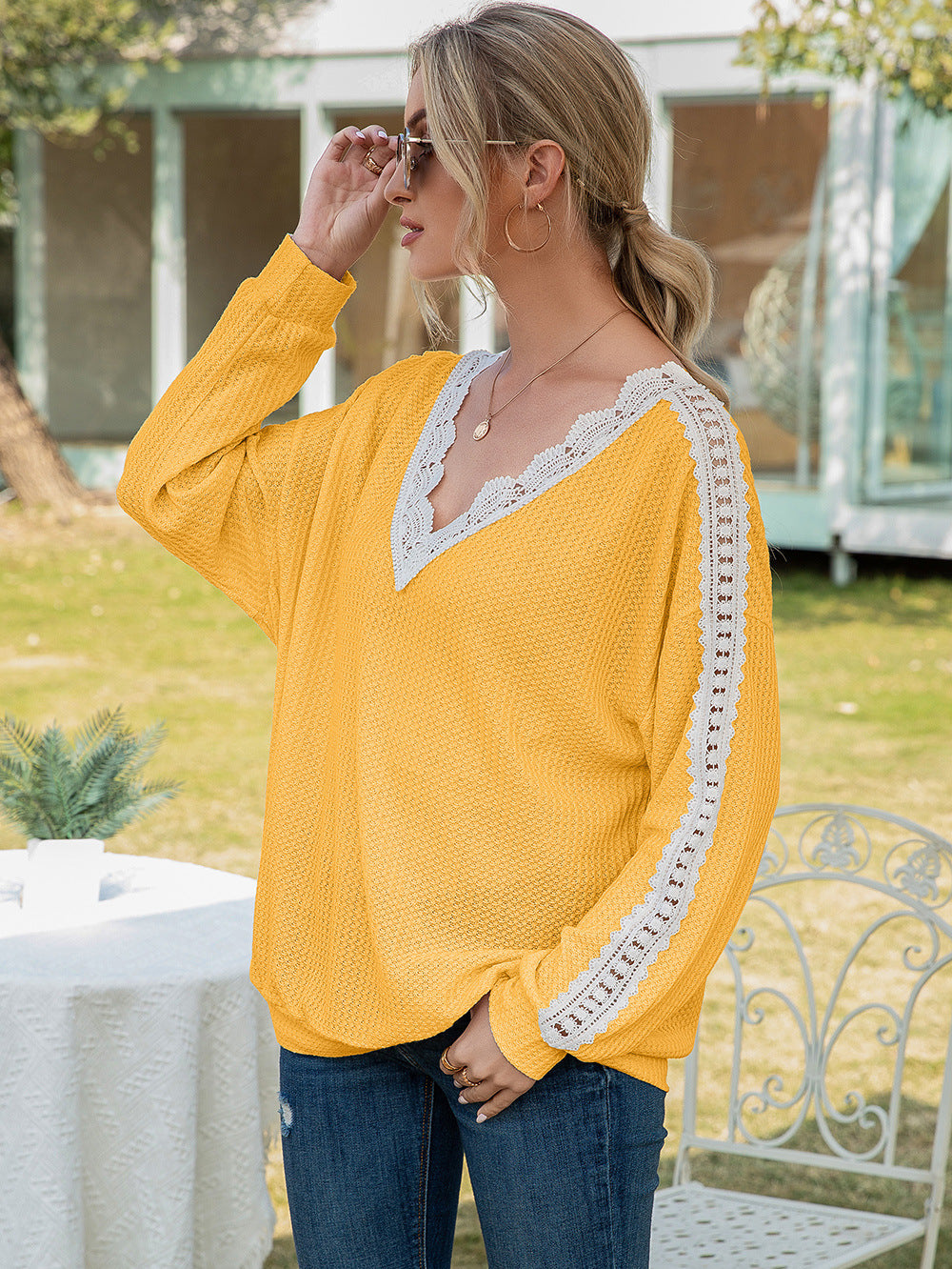 Ivy Lane Contrast Spliced Lace V-Neck Top - Classique Collection
