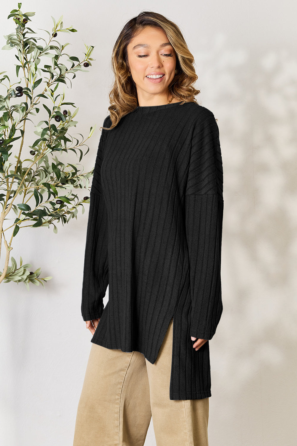 Basic Bae Full Size Ribbed Round Neck Long Sleeve Slit Top - Classique Collection