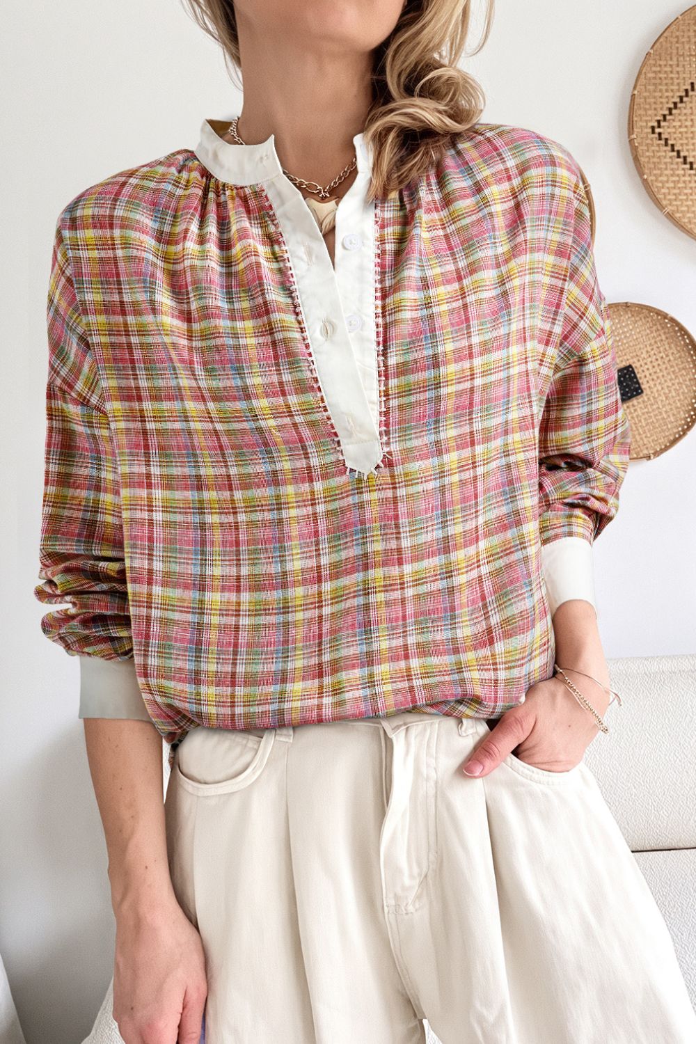 Mulit-Color Plaid Round Neck Long Sleeve Blouse - Classique Collection