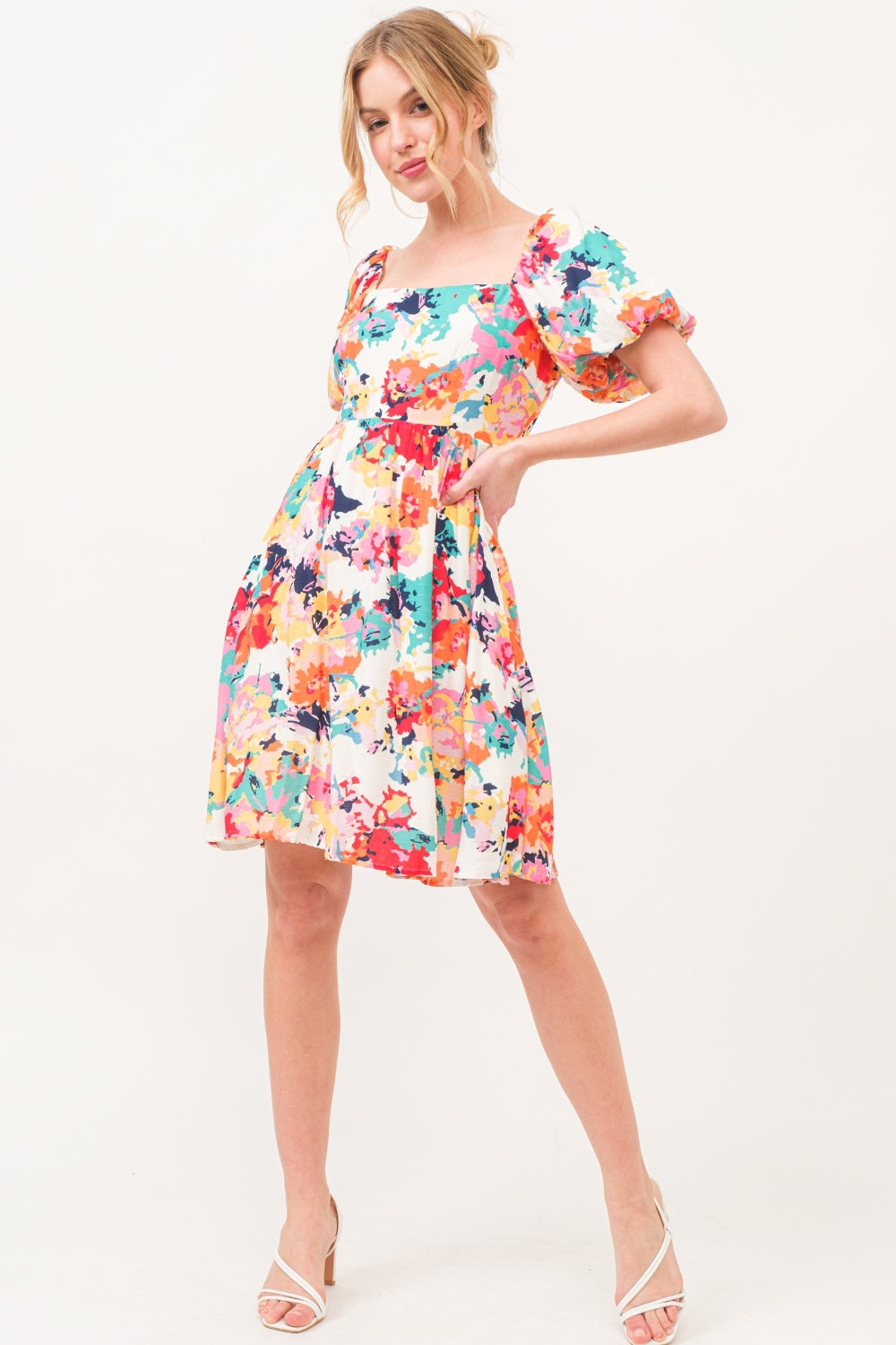 And The Why Square Neck Puff Sleeve Floral Dress - Classique Collection