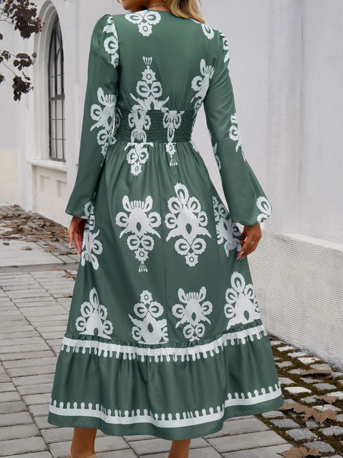 Devine Ruffled Printed Plunge Long Sleeve Dress - Classique Collection