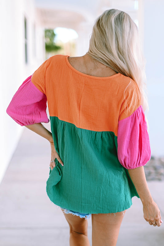 Color Block V-Neck Babydoll Blouse - Classique Collection