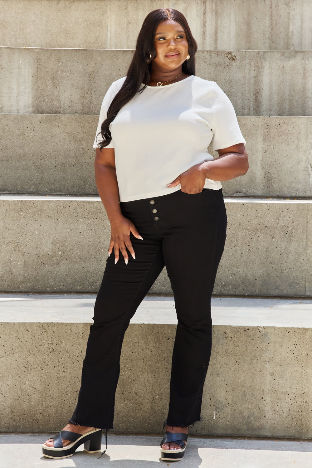 And The Why Pearly White Full Size Criss Cross Pearl Detail Open Back T-Shirt - Classique Collection