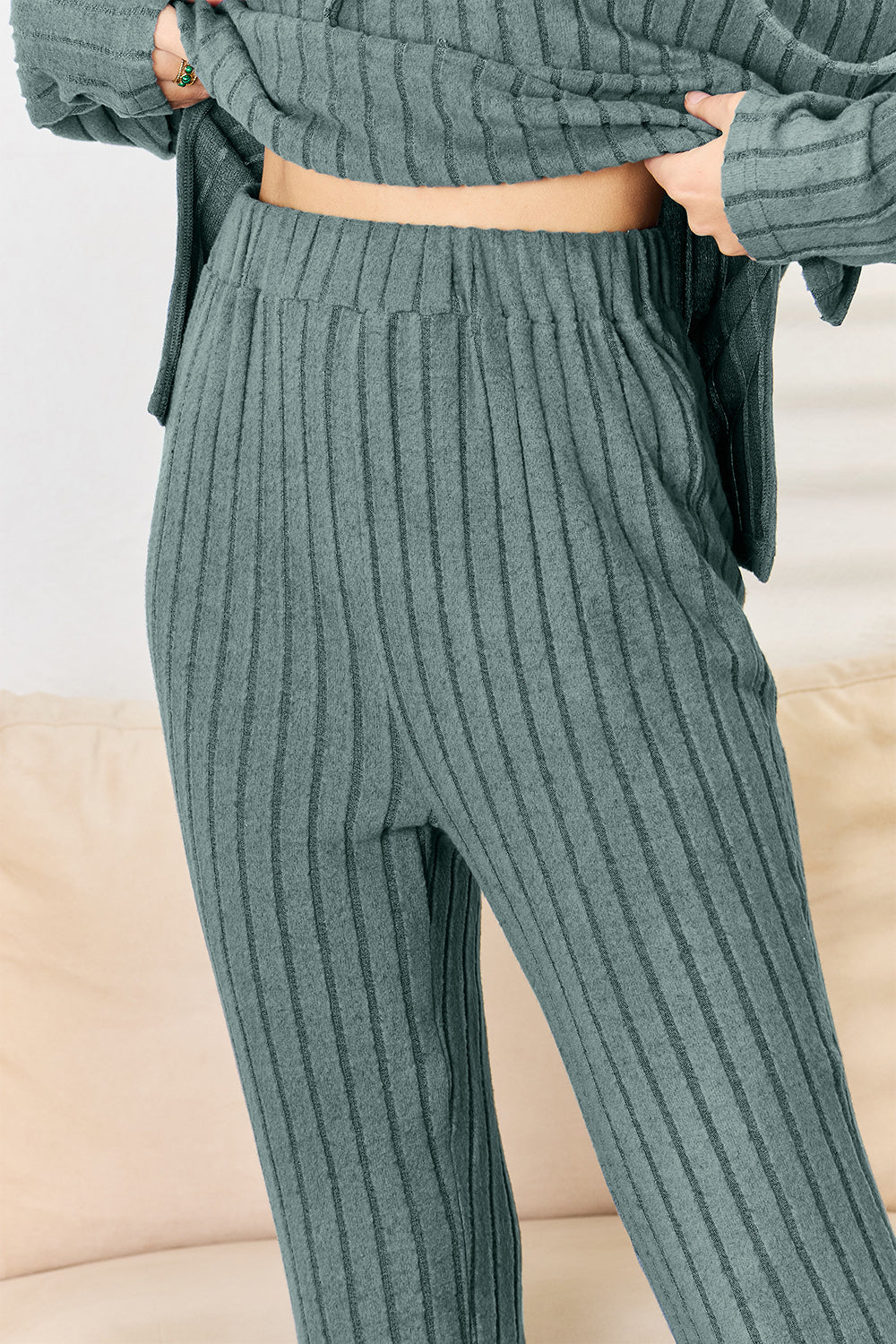 Basic Bae Full Size Ribbed Drawstring Hooded Top and Straight Pants Set - ClassiQ