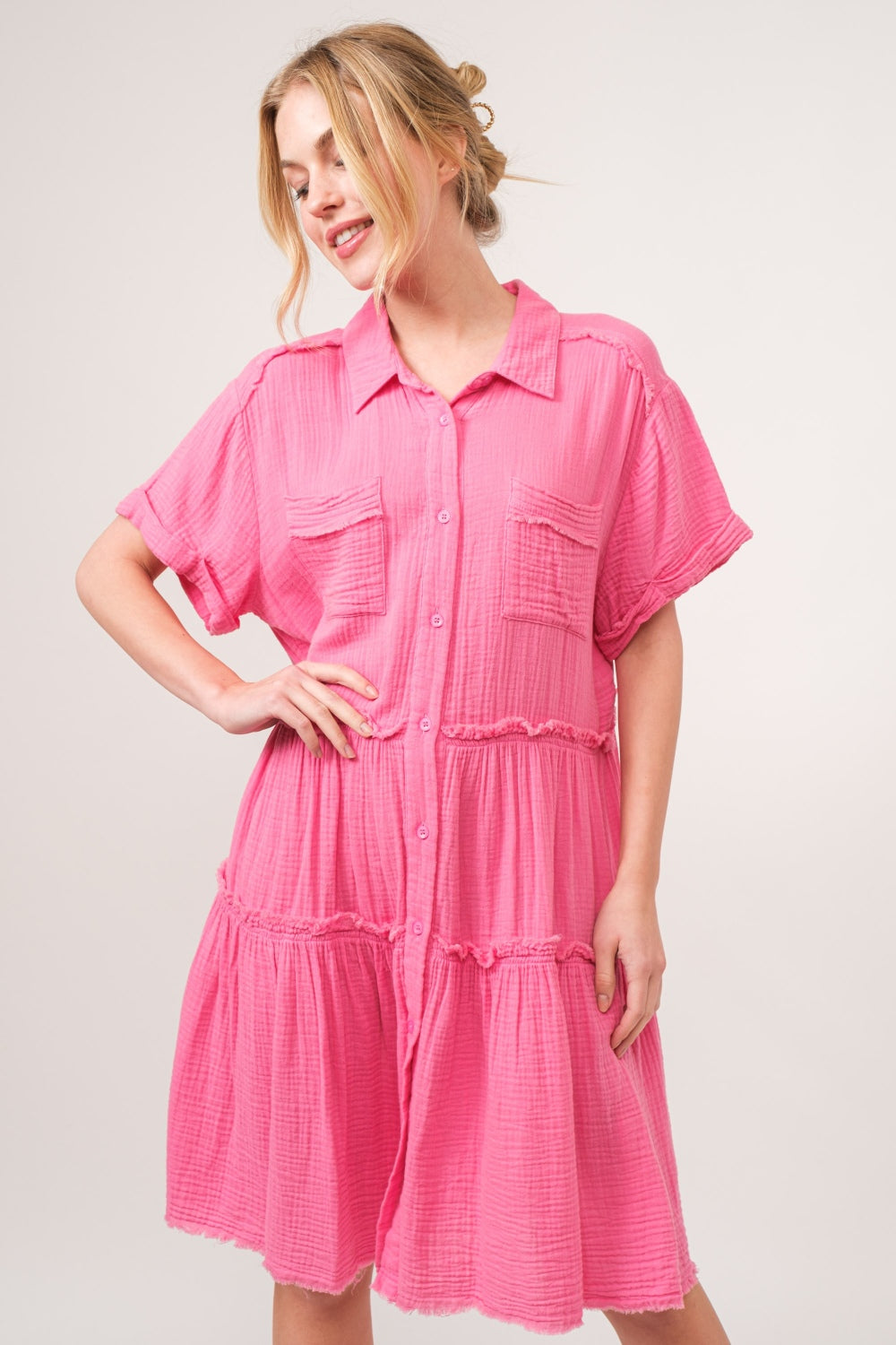 And The Why Full Size Raw Edge Washed Tiered Shirt Dress - Classique Collection