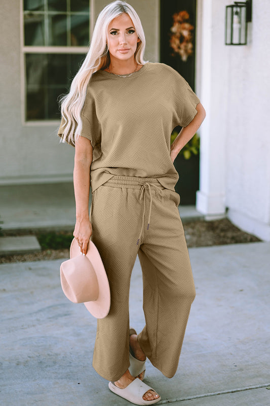 Double Take Full Size Texture Short Sleeve Top and Pants Set - ClassiQ