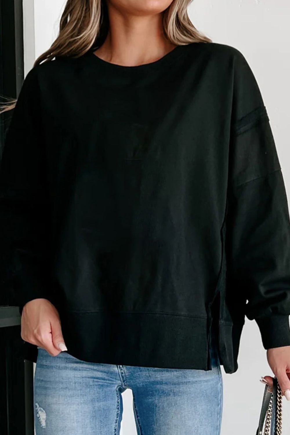 Side Slit Round Neck Long Sleeve Sweatshirt - Classique Collection