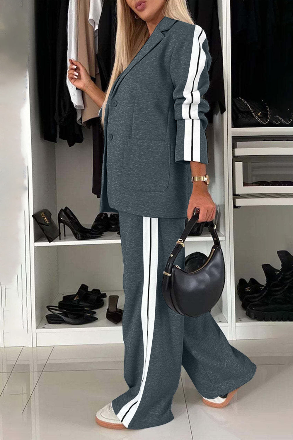Full Size Contrast Lapel Collar Top and Pants Set - ClassiQ