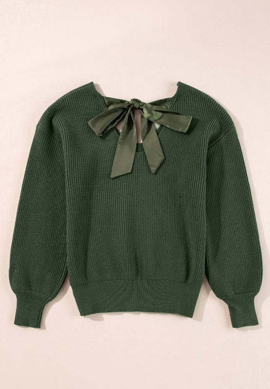 Tied Back V-Neck Long Sleeve Sweater - ClassiQ