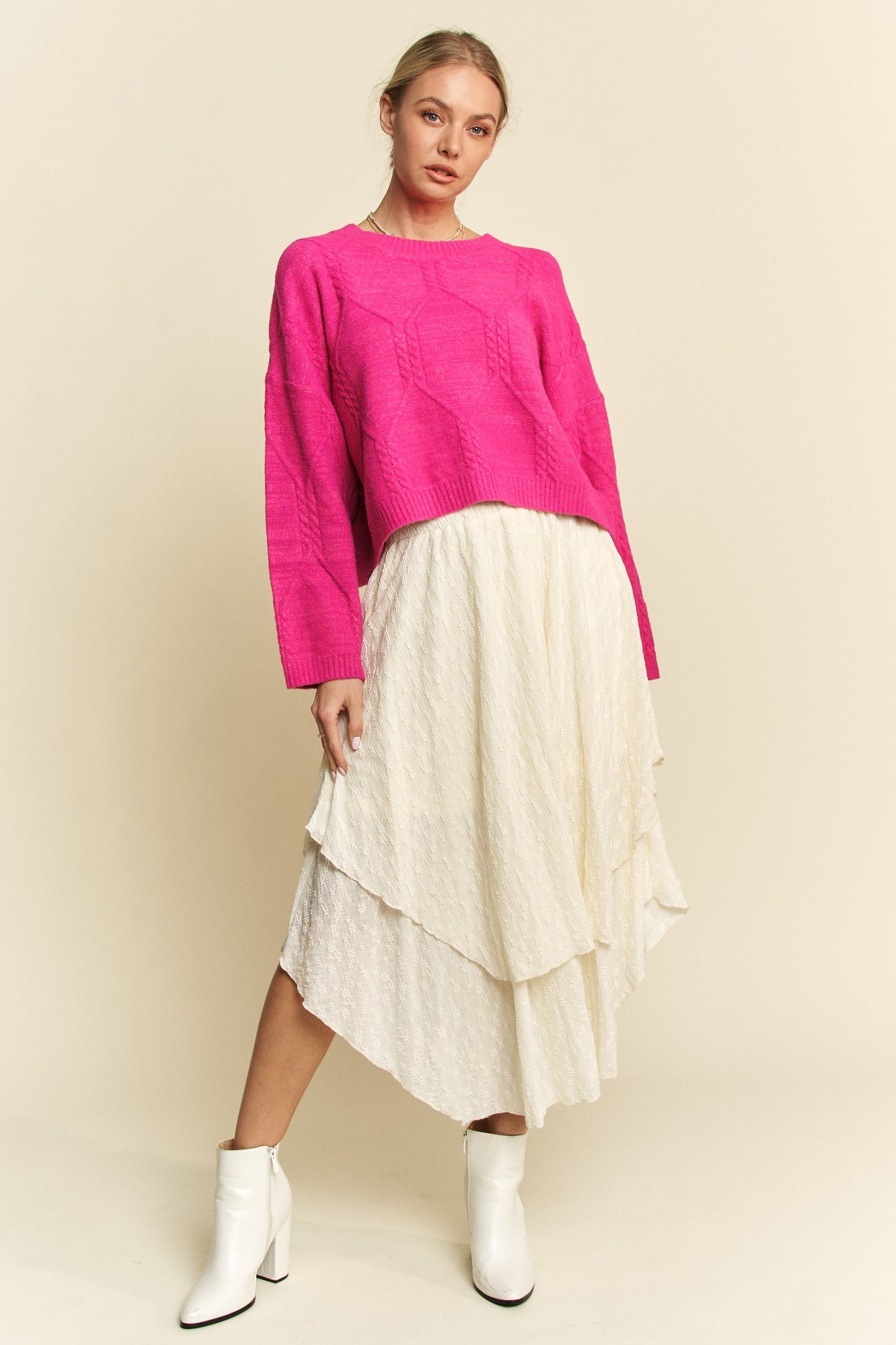 Davi & Dani Diamond Cable Pattern Drop Shoulder Sweater - Classique Collection