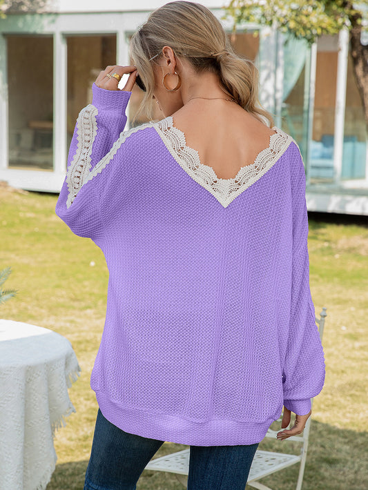 Ivy Lane Contrast Spliced Lace V-Neck Top - Classique Collection