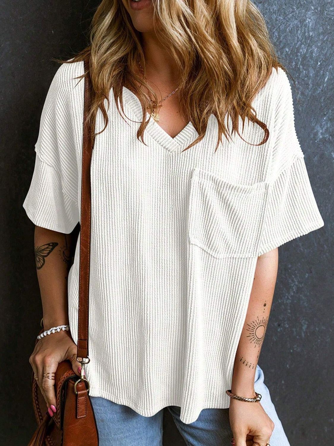 Textured V-Neck Half Sleeve T-Shirt - Classique Collection