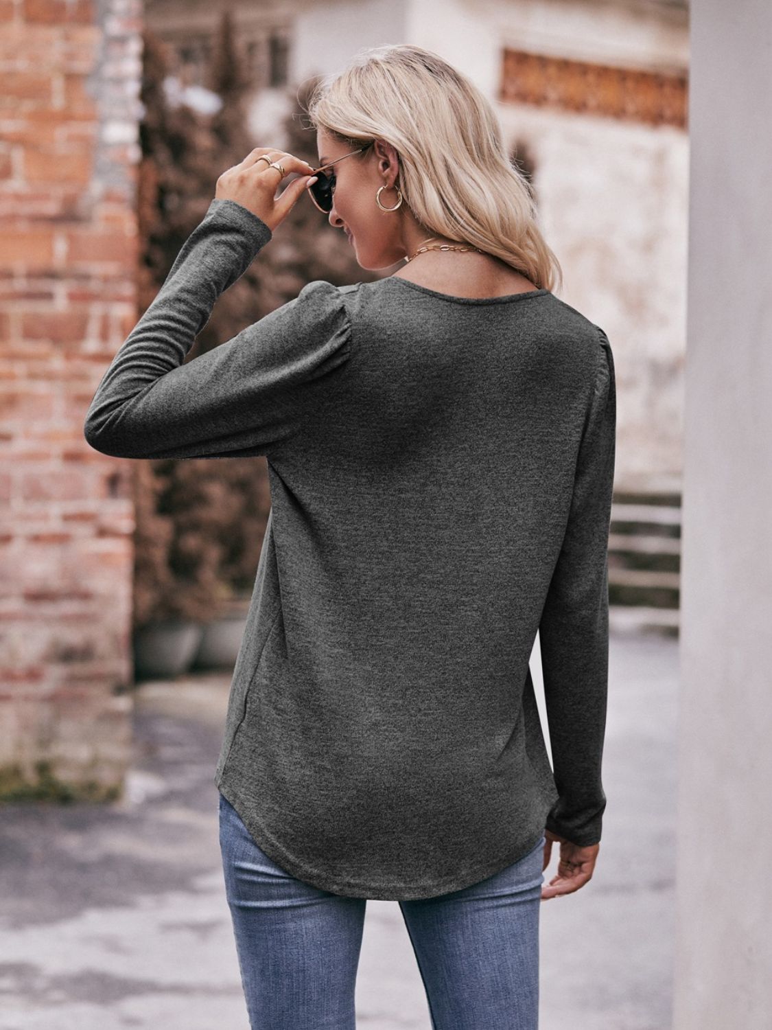 Mandy Pleated Detail Curved Hem Long Sleeve Top - ClassiQ
